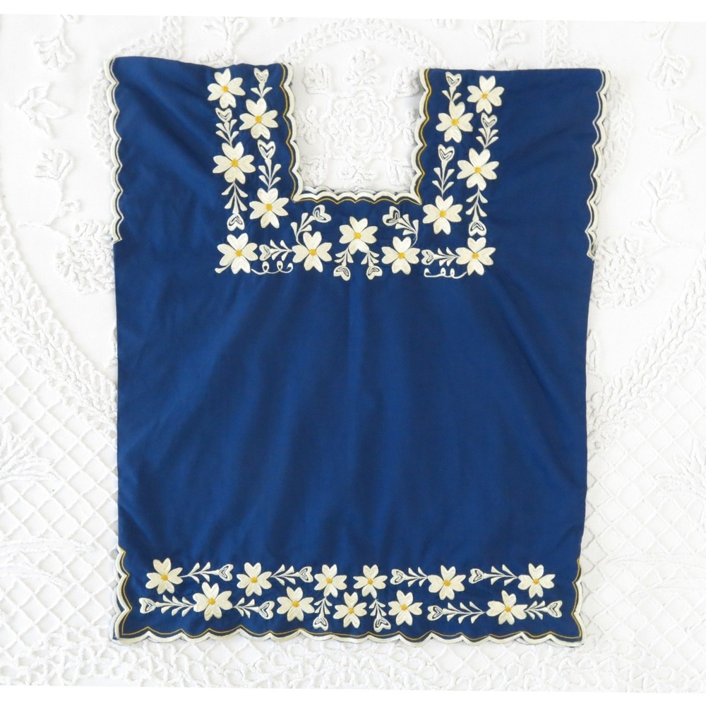 Vintage Mexican Huipil Blouse Navy Blue Floral Embroidered Traditional Blouse 36